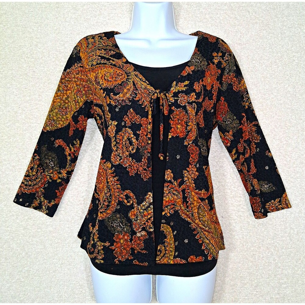 West End Womens Paisley Faux Layer Top Sz M 90s Retro Autumn Metallic Whimsigoth